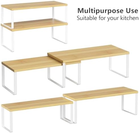 NEX Kitchen Cabinet and Counter Shelf Organizer, Stackable & Expandable, Set of 4, White and Natural - 7.7 x 15.6 x 6.2''