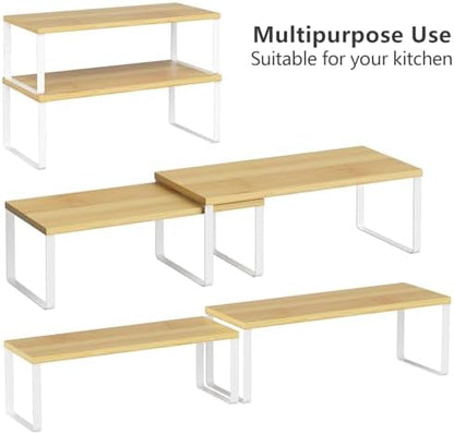 NEX Kitchen Cabinet and Counter Shelf Organizer, Stackable & Expandable, Set of 4, White and Natural - 7.7 x 15.6 x 6.2''