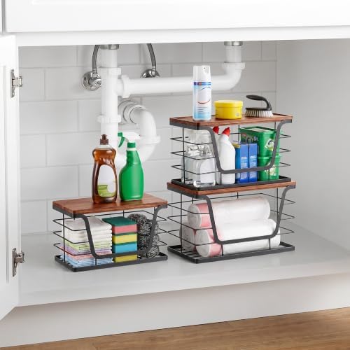 ALOCEO 3 Pack Stackable Storage Bins with Lids, Stainless Steel Trash Bag Dispenser Roll Holder for for Kitchen Sink, Laundry, Pantry Organizer and Storage, Walnut Black