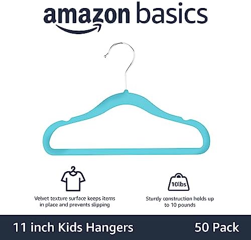 Amazon Basics Kids Space Saving Velvet Non-Slip Clothes Hangers with Shoulder Notches for Infant and Toddler, 11.6", Blue, 50-Pack
