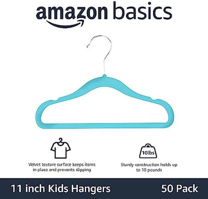 Amazon Basics Kids Space Saving Velvet Non-Slip Clothes Hangers with Shoulder Notches for Infant and Toddler, 11.6", Blue, 50-Pack