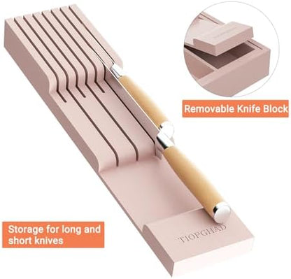 TIOPGHAD Expandable Bamboo Silverware Drawer Organizer Tray, Grey Pink