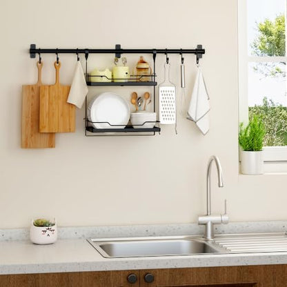 NADAMOO Spice Rack Wall Mount, 2-Tier Kitchen Storage Shelf with Hooks