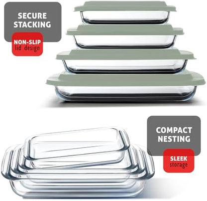 Eatex 8-Piece Deep Glass Casserole Dishes for Oven with Plastic lids, Rectangular Glass Baking Dish Set, Baking Pans for Lasagna,Leftovers, Cooking, Kitchen, Freezer-to-Oven and Dishwasher, Sage Green