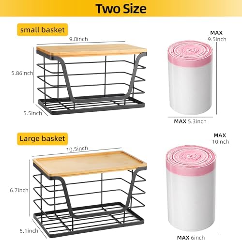 ALOCEO 2 Pack Storage Stackable Kitchen Laundry Organizers with Bamboo Top, Large Trash Bag Holder and Small Garbage Bag Dispenser for Countertop Organization