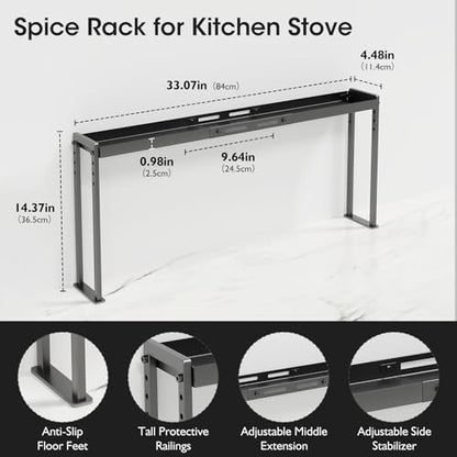 Bumusty Adjustable Stove Top Shelf, 4-Level Spice Rack, Black