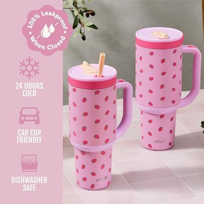 Ello Oasis Insulated Stainless Steel Tumbler with Straw, Strawberries, 40 Ounces (Pack of 8)
