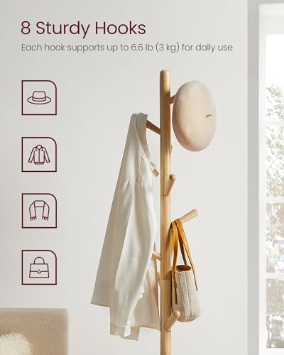 VASAGLE Solid Wood Coat Rack, Free Standing, 8 Hooks, 3 Height Options