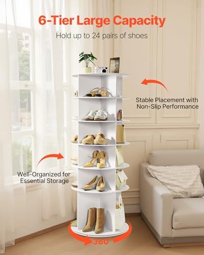 VEVOR 6 Tiers Rotating Shoe Rack Tower, 360° Spinning Shoe Rack, Revolving Storage Round Carousel Display, Freestanding Lazy Susan Organizer Display for Bedroom, Living Room, Entryway, Closet, White