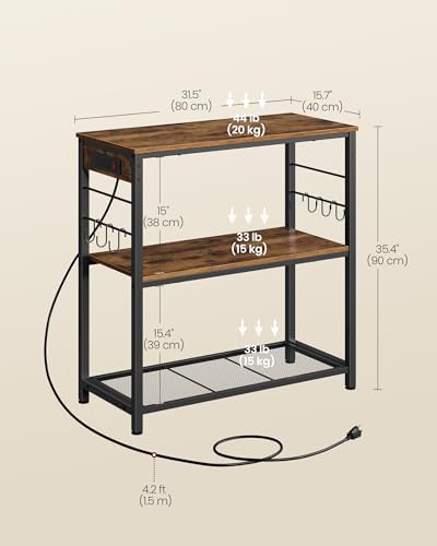 VASAGLE Kitchen Island with Power Strip, 3-Tier, 6 Hooks, Metal Frame
