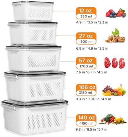 5-Pack Fruit Storage Containers for Fridge with Removable Colanders, 4 in 1 Produce Storage Containers with Lids, Leakproof Fridge Organizer Bins for Salad Berry Lettuce Vegetables Meat Keeper Fresh