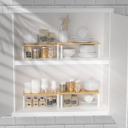 NEX Kitchen Cabinet and Counter Shelf Organizer, Stackable & Expandable, Set of 4, White and Natural - 7.7 x 15.6 x 6.2''