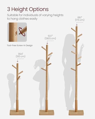 VASAGLE Solid Wood Coat Rack, Free Standing, 8 Hooks, 3 Height Options