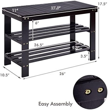 COSTWAY 3-Tier Shoe Rack Bench, Free Standing Wood Entryway Shoe Storage Organizer, Bamboo Storage Shelf for Shoes,Ideal for Home Entryway, Hallway