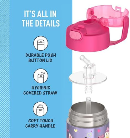 THERMOS FUNTAINER Water Bottle with Straw - 12 Ounce - Kids Stainless Steel Vacuum Insulated Water Bottle with Lid,Gabby’s Dollhouse,(Pack of 6)