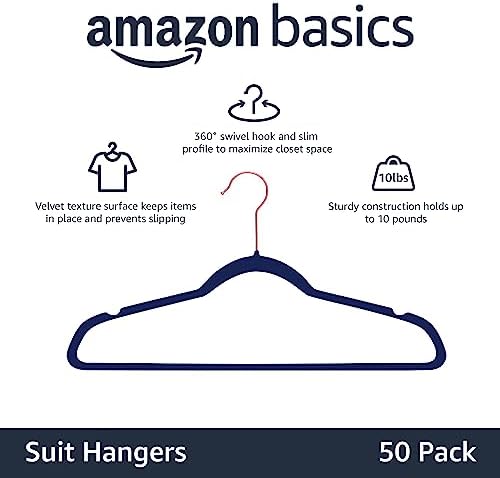 Amazon Basics Slim Velvet Non-Slip Space Saving Suit Clothes Hangers, Sturdy Construction, Navy Blue/Rose Gold, 50-Pack