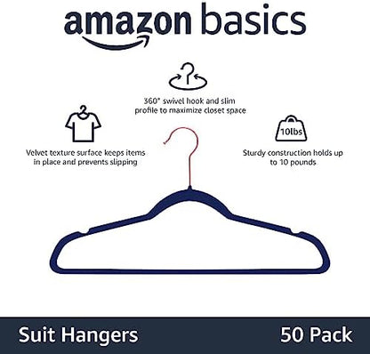 Amazon Basics Slim Velvet Non-Slip Space Saving Suit Clothes Hangers, Sturdy Construction, Navy Blue/Rose Gold, 50-Pack