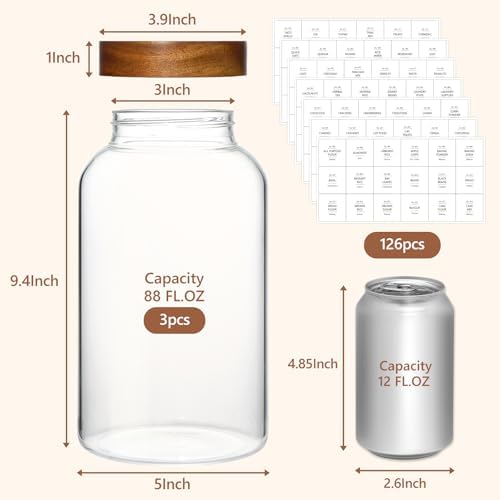 KEYWING 88oz Glass Jars w/Acacia Lids for Flour & Sugar Storage Containers