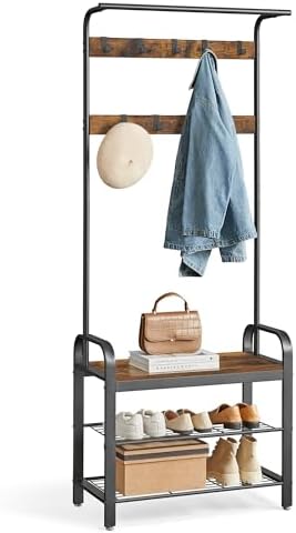 VASAGLE Coat Rack, Hall Tree with Shoe Bench, 4-in-1, 9 Removable Hooks