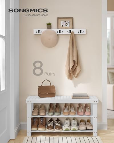 SONGMICS Shoe Rack Bench, 3-Tier Bamboo Entryway Bench, 35.2 Inches Width