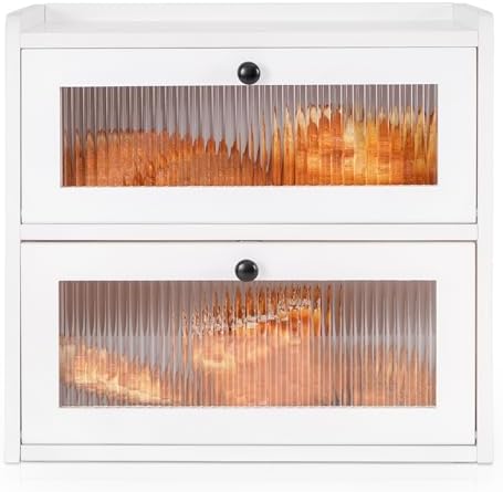 Sunhoo Bread Box for Kitchen Countertop Wooden Bread Storage Container Bin 2 Layer Breadbox Holder Large Capacity Keeper Vintage Farmhouse Food Organizer Pantry Shelf Acrylic Window (White)