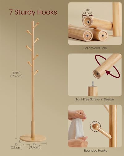 VASAGLE Solid Wood Coat Rack, Free Standing, 8 Hooks, 3 Height Options