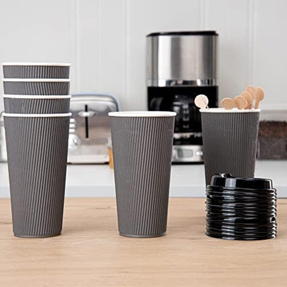 Restaurantware Ripple Wall Coffee Cups 250 Count 20 Ounce Insulated Gray Paper Cups, Rolled Rim Spill-Resistant Disposable Paper Non-Slip for Coffee, Beverages