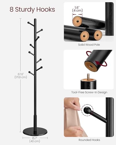 VASAGLE Solid Wood Coat Rack, Free Standing, 8 Hooks, 3 Height Options