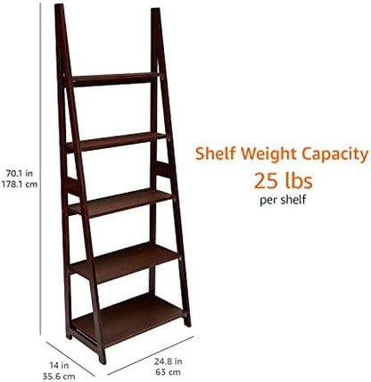 Amazon Basics 5-Tier Ladder Bookshelf Storage Organizer, Tall Bookcase for Small Space, Solid Rubberwood Frame, Modern Display Shelf, Espresso Finish, 14" D x 24.8" W x 70.1" H