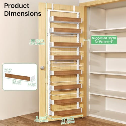 SNTD 8 Tiers Wooden Over the Door Organizer, 17" W x 6" D x 69" H, Walnut