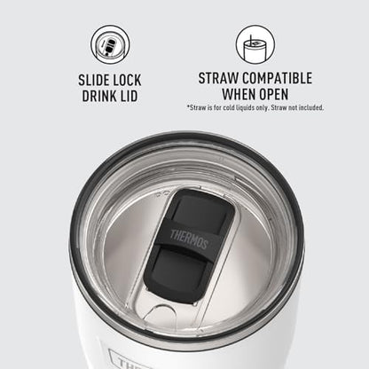 THERMOS Icon Series 24oz Stainless Steel Tumbler with Slide Lock Lid, Leakproof, Fits Cupholder, Dishwasher Safe, Griptec™ Non‑Slip Base, Keeps Drinks Hot 6 Hrs/Cold 22 Hrs, Snow