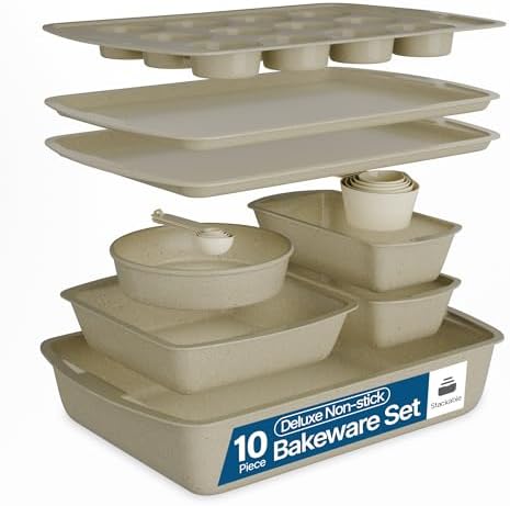 White Marble 10-Piece Bakeware Sets, Nonstick Carbon Steel Baking Sheet & Pans, Stackable Space-Saving Bakeware, Dishwasher Safe, Stain-resistant, PFOAPFOSPTFE Free, Oven Safe Up To 450°F (230°C)