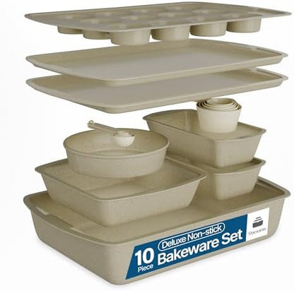 White Marble 10-Piece Bakeware Sets, Nonstick Carbon Steel Baking Sheet & Pans, Stackable Space-Saving Bakeware, Dishwasher Safe, Stain-resistant, PFOAPFOSPTFE Free, Oven Safe Up To 450°F (230°C)