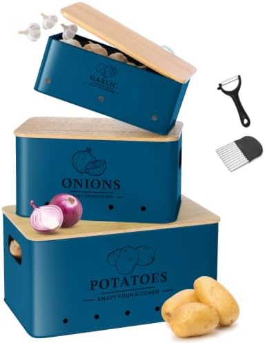 Kitchen Vegetable Storage Set of 3, Metal Onion Garlic Potato Storage Set, Kitchen Canisters Vegetable Keeper Containers with Aerating Holes and Bamboo Lid,Dark Blue