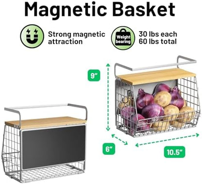 Magnetic Shelf for Fridge with Wood Lid, Fruit Potato and Onion Storage Bins, Pantry Organizers & Storage, Large Container Magnetic Spice Rack for Refrigerator, Kitchen Counter (Silver-gray, 1)