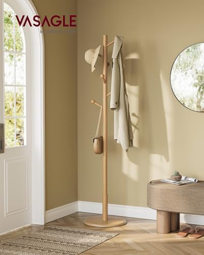 VASAGLE Solid Wood Coat Rack, Free Standing, 8 Hooks, 3 Height Options