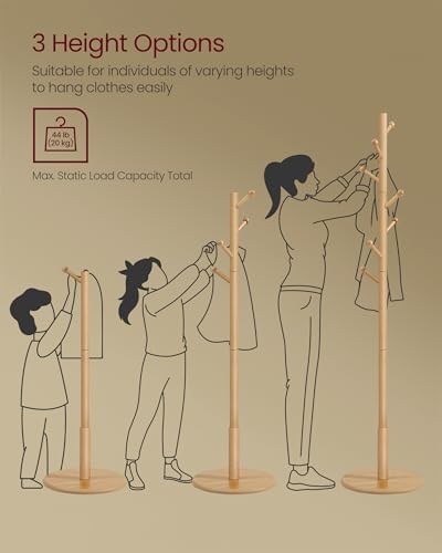 VASAGLE Solid Wood Coat Rack, Free Standing, 8 Hooks, 3 Height Options