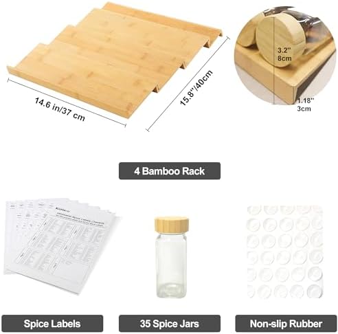 Spice Drawer Organizer with 35 Bamboo-lidded Spice Jars,216 Labels,25 Non-slip Rubber, Bamboo 4 Tier Seasoning Rack Tray Insert for Kitchen Drawers,Cabinets,Countertop,14.6" Wide x 15.8" Deep
