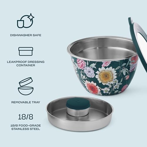 S'well Stainless Steel Salad Bowl Kit 64oz, Midnight Botanical, Comes with 2oz Mini Canister and Removable Tray for Organization, Leakproof, Easy to Clean, Dishwasher Safe
