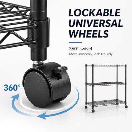 Simple Deluxe 3-Tier Heavy Duty Adjustable Storage Shelf with Wheels, 23.23”W x 13.39”D x 30.31”H, Mobile or Stationary Metal Shelving Unit, Easy Assembly for Kitchen, Pantry, Laundry Room, Black