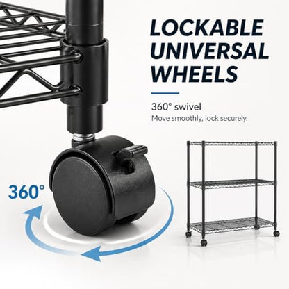 Simple Deluxe 3-Tier Heavy Duty Adjustable Storage Shelf with Wheels, 23.23”W x 13.39”D x 30.31”H, Mobile or Stationary Metal Shelving Unit, Easy Assembly for Kitchen, Pantry, Laundry Room, Black