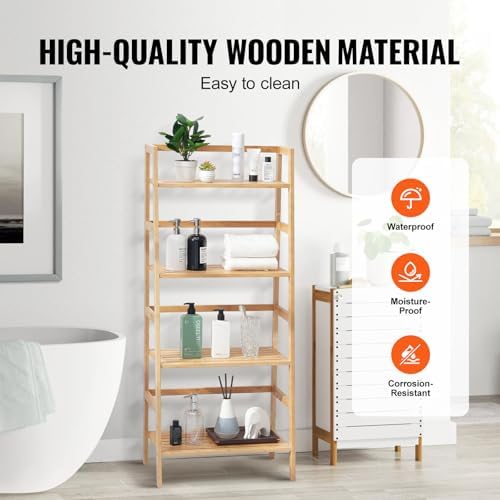 VEVOR 4-Tier Bamboo Ladder Shelf, Trapezoid Open Bookcase, Display Storage Rack Organizer, Freestanding Flower Plant Stand, Ladder Bookshelf Ideal for Bathroom, Bedroom, Office, Study, Natural