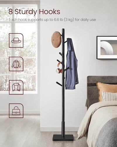 VASAGLE Solid Wood Coat Rack, Free Standing, 8 Hooks, 3 Height Options