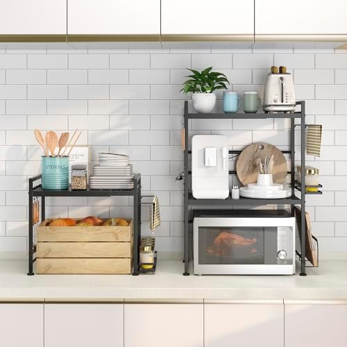 DOLALIKE Microwave Oven Rack, Expandable Microwave Stand Countertop Kitchen Utensils Tableware Storage, Carbon Steel Over Microwave Shelf Countertop with 6 Hooks