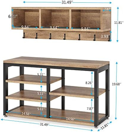Tribesigns Coat Rack Set, Hall Tree, Industrial Shoe Bench, 3 Storage Cubbies, 7 Hooks for Entryway, Hallway, 5-in-1Design, Vintage Oak