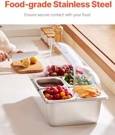 VEVOR Countertop Food Serving Display Container, 5 Pan Stainless Steel Food Serving Tray, Buffet Condiment Dispenser Display Rack with Clear Lid & 3 Freezer Boxes, for Restaurant Hotel Kitchen Party