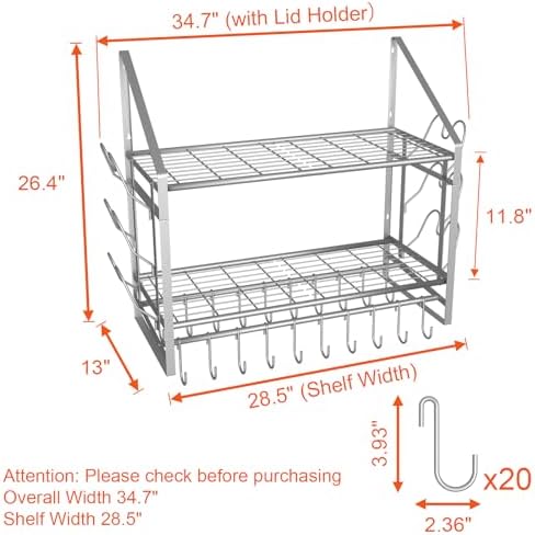 VyGrow 28 Inch Pot Rack Wall Mounted, 2 Tier Pots and Pans Organizer with 20 Hooks and 6 Pot Lid Holders, Heavy Duty Steel Pot and Pan Hanger for Kitchen Cookware Utensils Storage, Silver