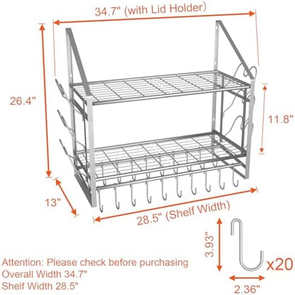 VyGrow 28 Inch Pot Rack Wall Mounted, 2 Tier Pots and Pans Organizer with 20 Hooks and 6 Pot Lid Holders, Heavy Duty Steel Pot and Pan Hanger for Kitchen Cookware Utensils Storage, Silver