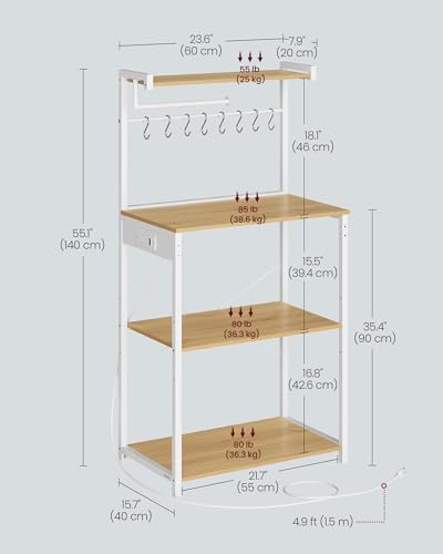 VASAGLE 4-Tier Kitchen Bakers Rack with Power Outlet, 23.6-Inch Wide
