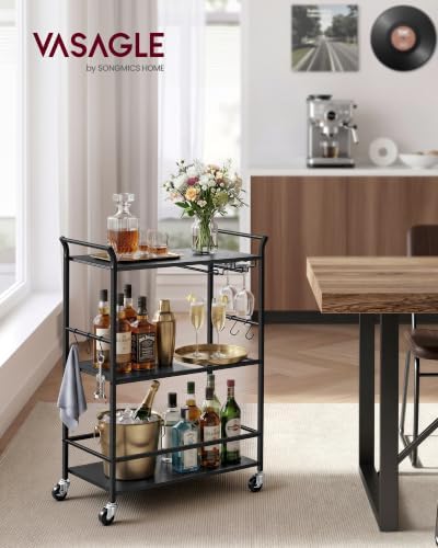 VASAGLE Bar Cart with Wheels, Drink Cart with Wine Rack and Glass Holder